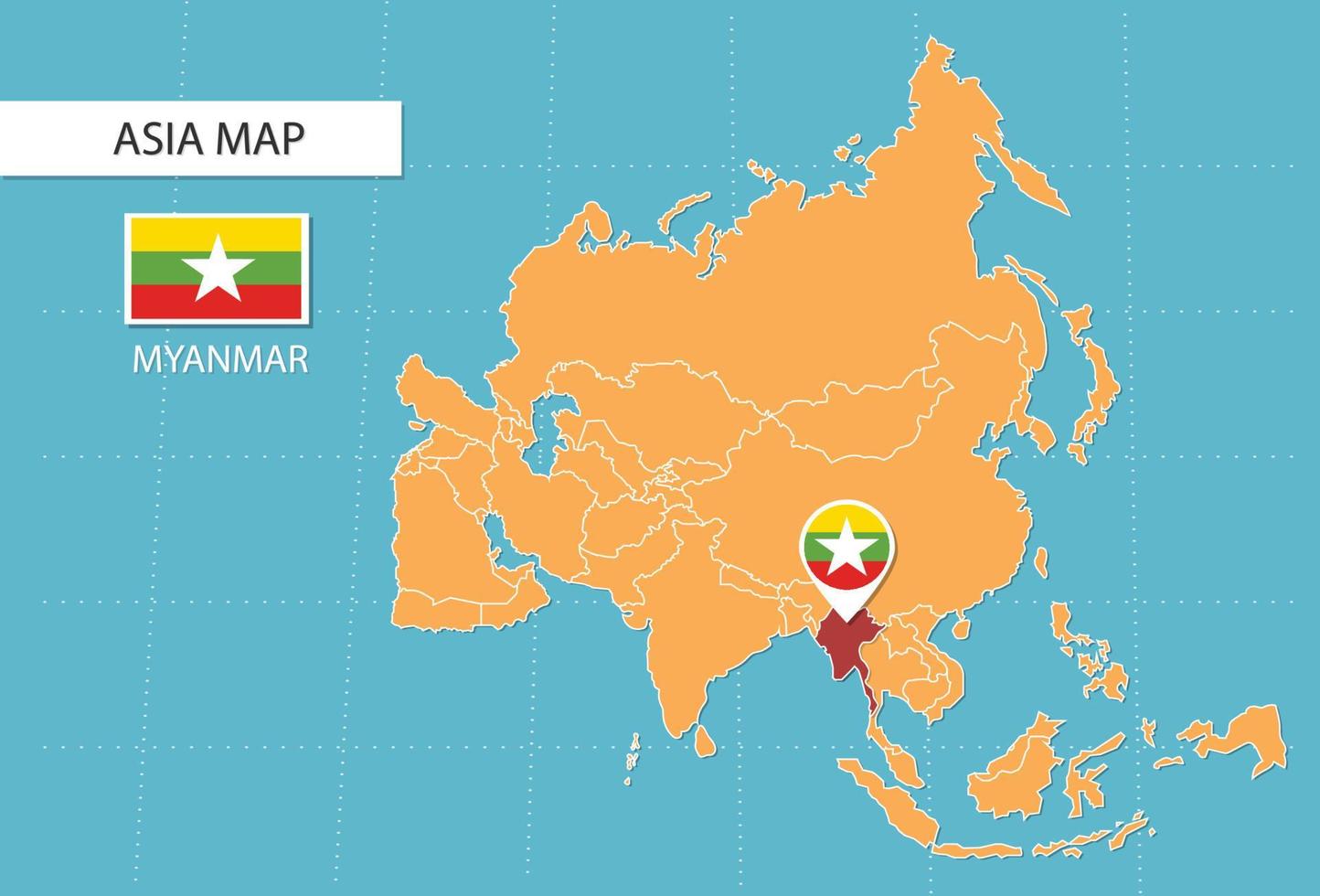 mapa de myanmar na ásia, ícones mostrando sinalizadores e localização de myanmar. vetor