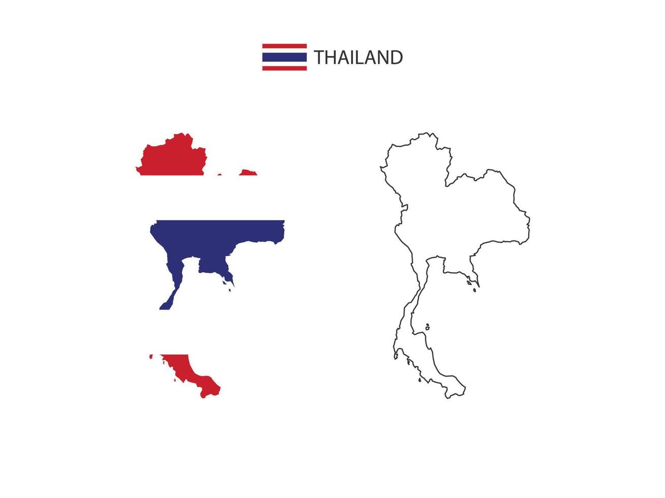 vetor da cidade do mapa da tailândia dividido pelo estilo de simplicidade do contorno. tem 2 versões, versão de linha fina preta e cor da versão da bandeira do país. ambos os mapas estavam no fundo branco.