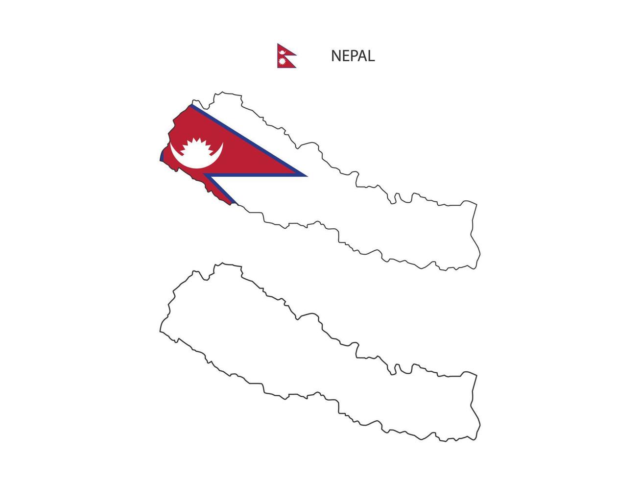 vetor da cidade do mapa do nepal dividido pelo estilo de simplicidade do esboço. tem 2 versões, versão de linha fina preta e cor da versão da bandeira do país. ambos os mapas estavam no fundo branco.