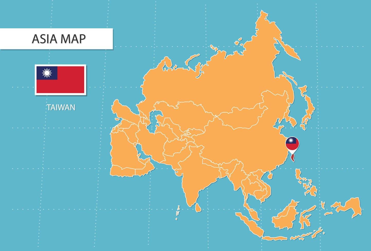 mapa de taiwan na ásia, ícones mostrando bandeiras e localização de taiwan. vetor