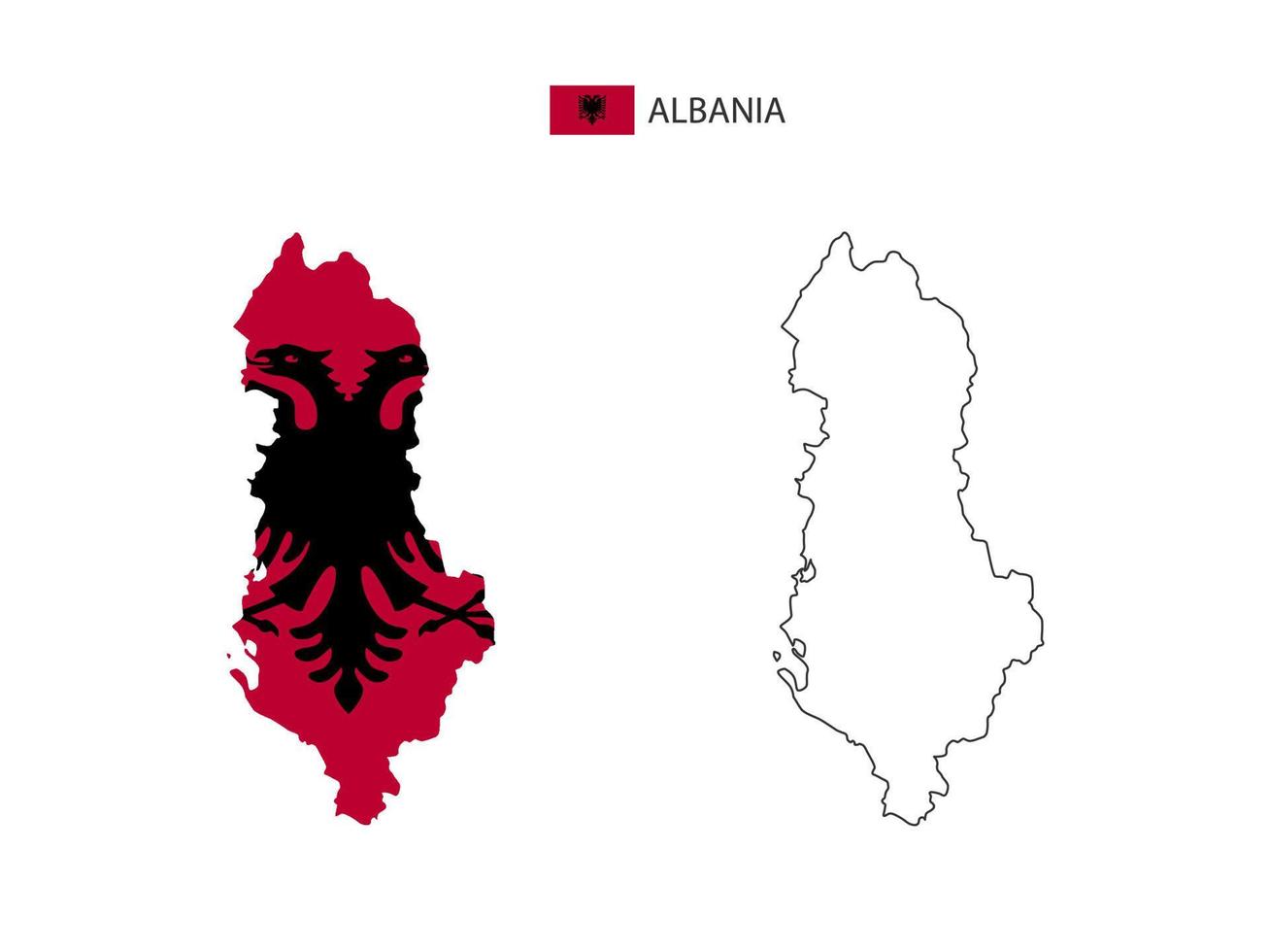 vetor da cidade do mapa da albânia dividido pelo estilo de simplicidade do contorno. tem 2 versões, versão de linha fina preta e cor da versão da bandeira do país. ambos os mapas estavam no fundo branco.