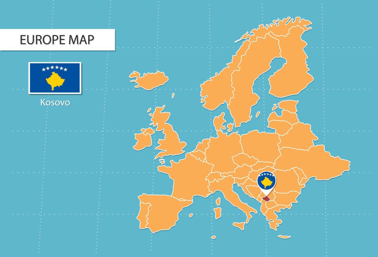 Mapa do Kosovo na Europa, ícones mostrando a localização do Kosovo e sinalizadores. vetor