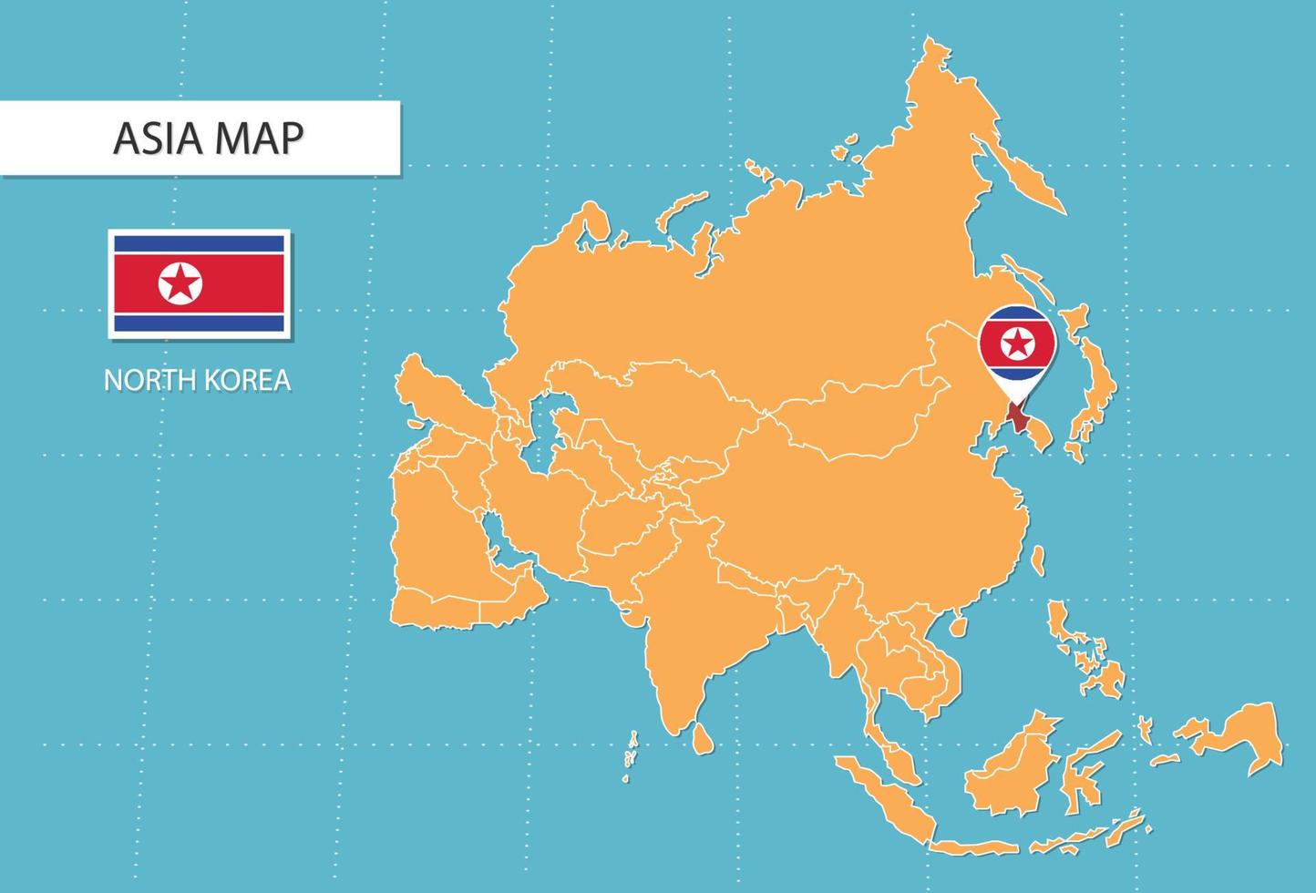 mapa da coreia do norte na ásia, ícones mostrando a localização da coreia do norte e bandeiras. vetor