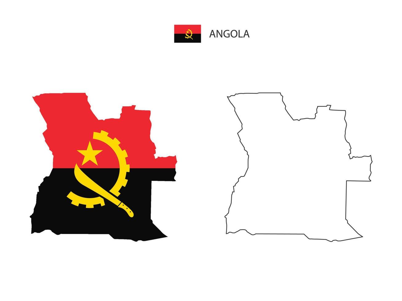 vetor da cidade do mapa de angola dividido pelo estilo de simplicidade do contorno. tem 2 versões, versão de linha fina preta e cor da versão da bandeira do país. ambos os mapas estavam no fundo branco.