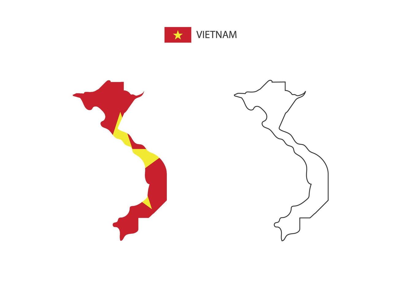 vetor da cidade do mapa do vietnã dividido pelo estilo de simplicidade do esboço. tem 2 versões, versão de linha fina preta e cor da versão da bandeira do país. ambos os mapas estavam no fundo branco.