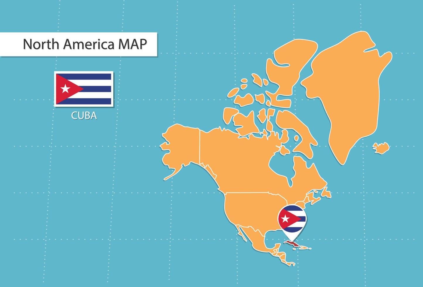 mapa de cuba na américa, ícones mostrando bandeiras e localização de cuba. vetor