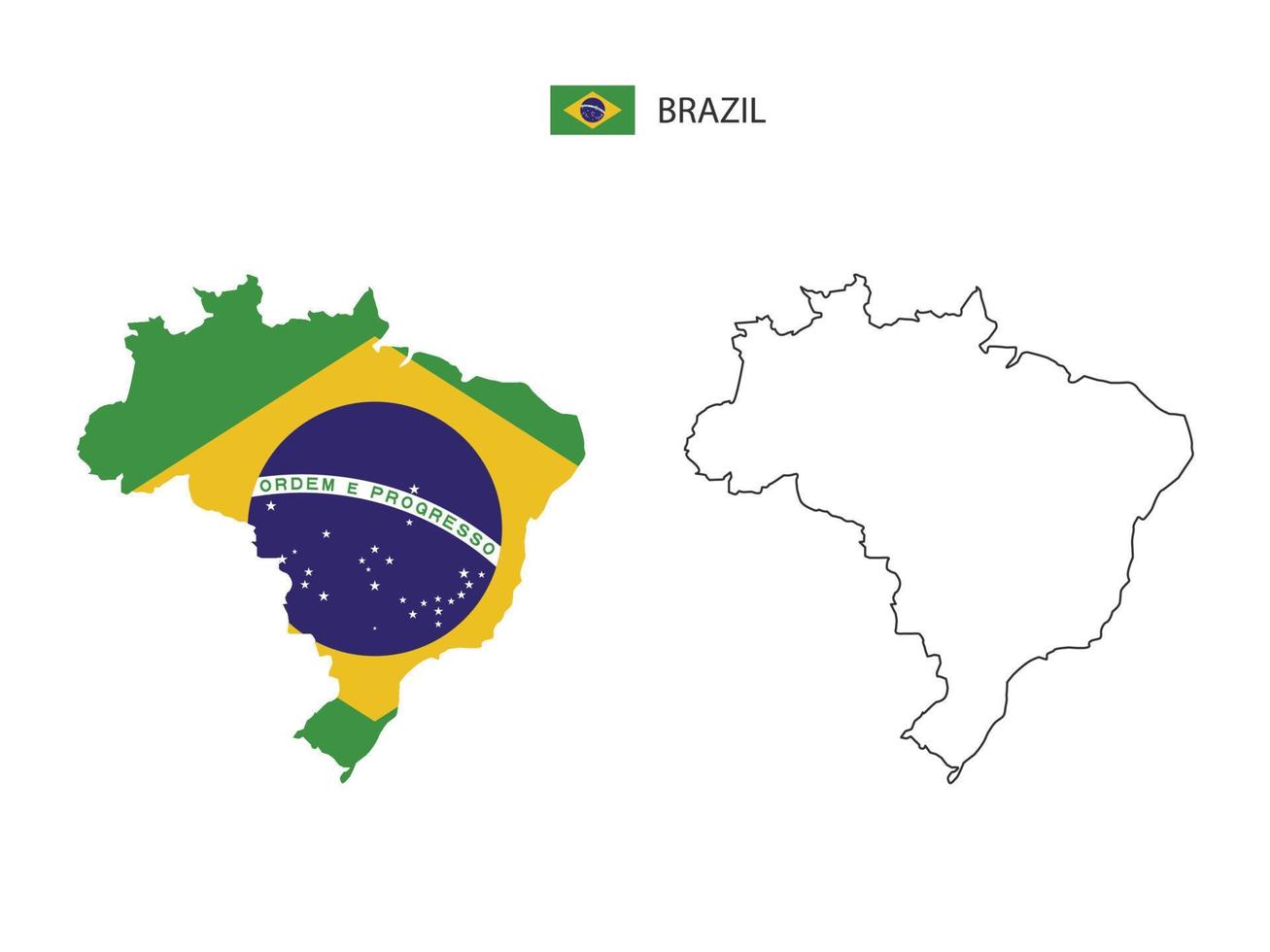 vetor da cidade do mapa do brasil dividido pelo estilo de simplicidade do esboço. tem 2 versões, versão de linha fina preta e cor da versão da bandeira do país. ambos os mapas estavam no fundo branco.