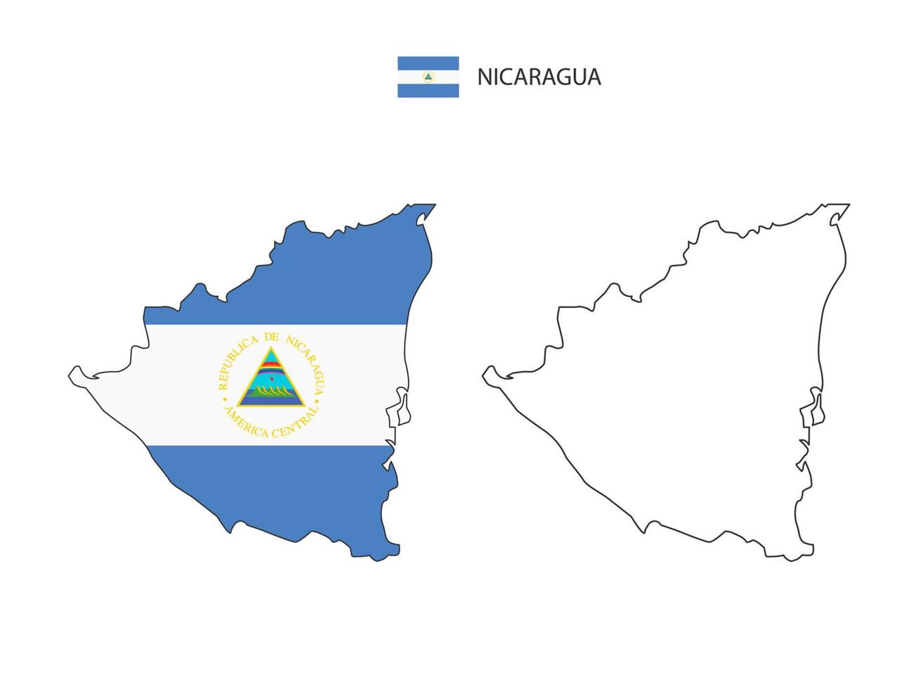 vetor da cidade do mapa da nicarágua dividido pelo estilo de simplicidade do contorno. tem 2 versões, versão de linha fina preta e cor da versão da bandeira do país. ambos os mapas estavam no fundo branco.