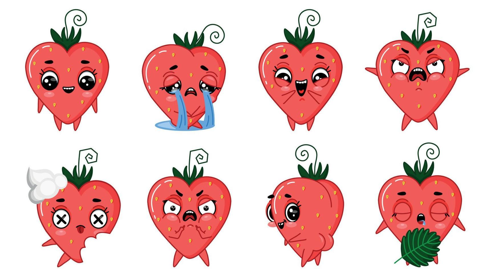 conjunto emoji de adesivos morango vermelho. ilustração vetorial no estilo de apartamento. vetor