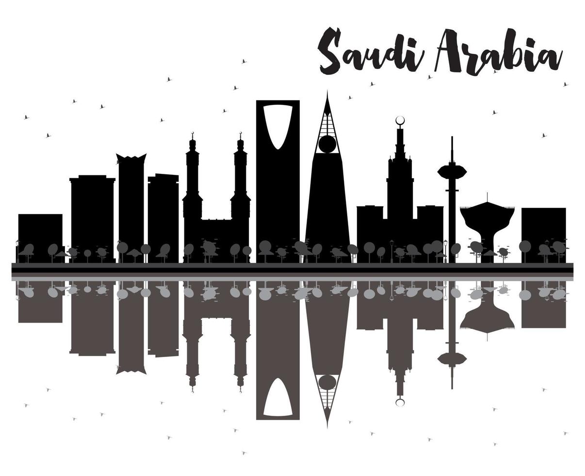 arábia saudita skyline silhueta preto e branco com reflexões. vetor