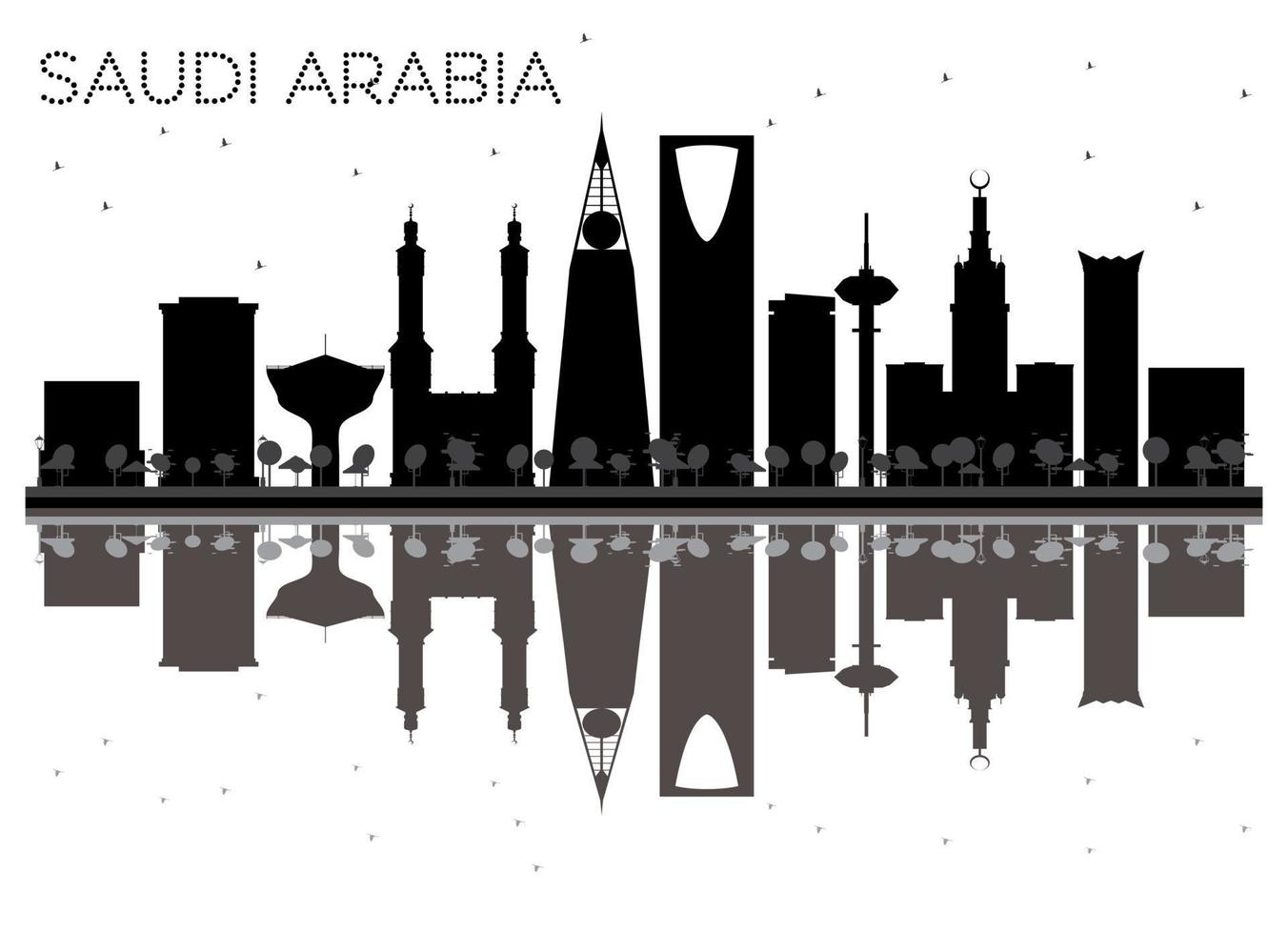 arábia saudita skyline silhueta preto e branco com reflexões. vetor