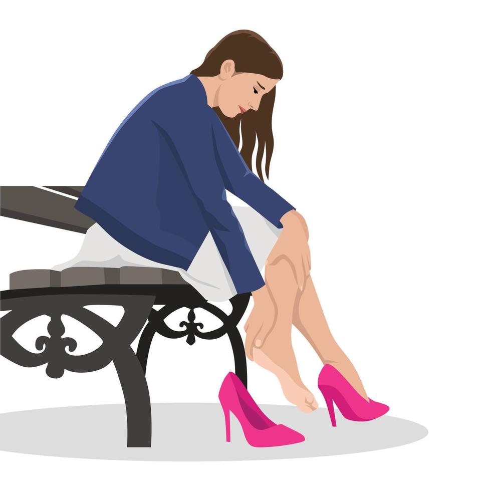 mulher de salto alto. cansaço nas pernas. tirar os sapatos sentado no banco porque dói. ilustração em vetor plana.