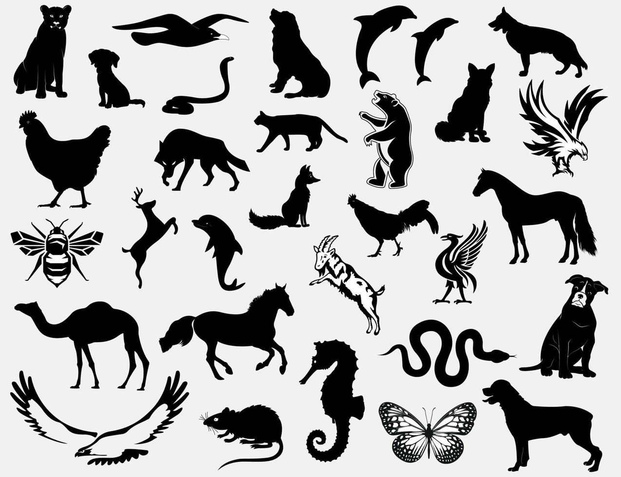 conjunto de silhuetas de animais, cães, mamíferos, pássaros, insetos, répteis e criaturas marinhas ilustrações de animais preto e branco vetor