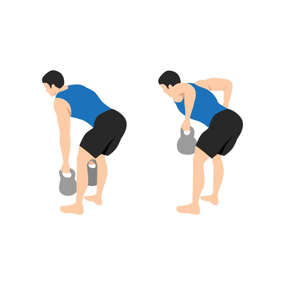 homem fazendo exercício de linha de kettlebell de dois braços. ilustração em vetor plana isolada no fundo branco. conjunto de caracteres de treino