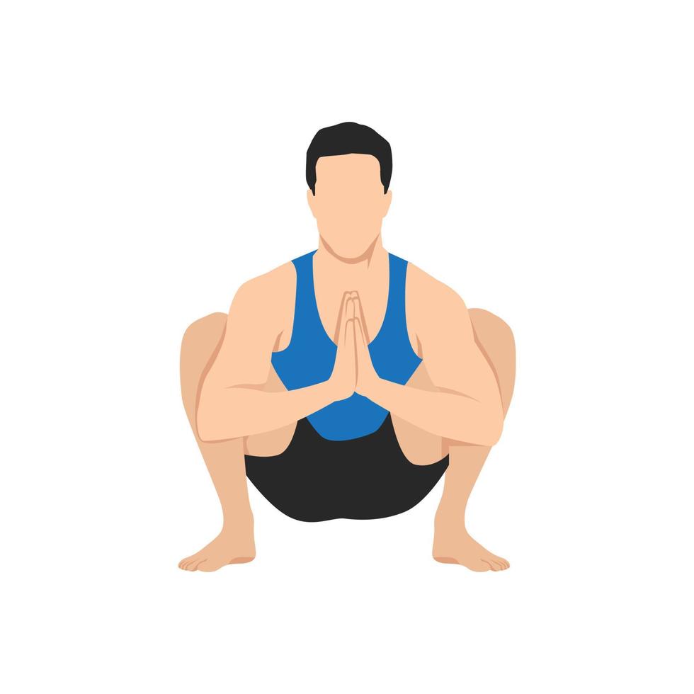 homem fazendo ioga, sentado em pose de guirlanda malasana. ilustração vetorial plana isolada no fundo branco vetor