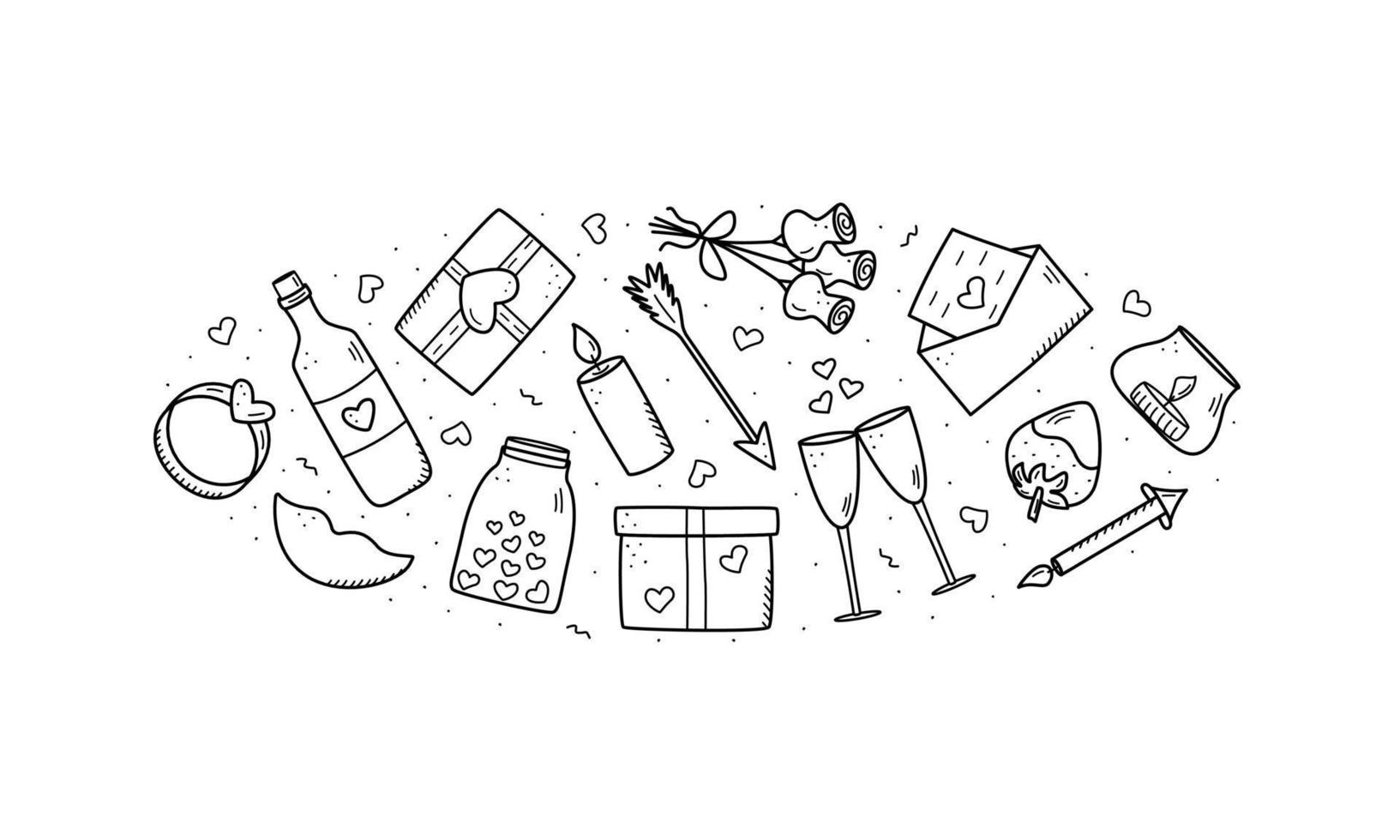 um conjunto de ícones de doodle para dia dos namorados ou casamento. ilustração vetorial de acessórios românticos velas corações anel garrafa e copos de vinho, lábios de presente de chocolate morango vetor
