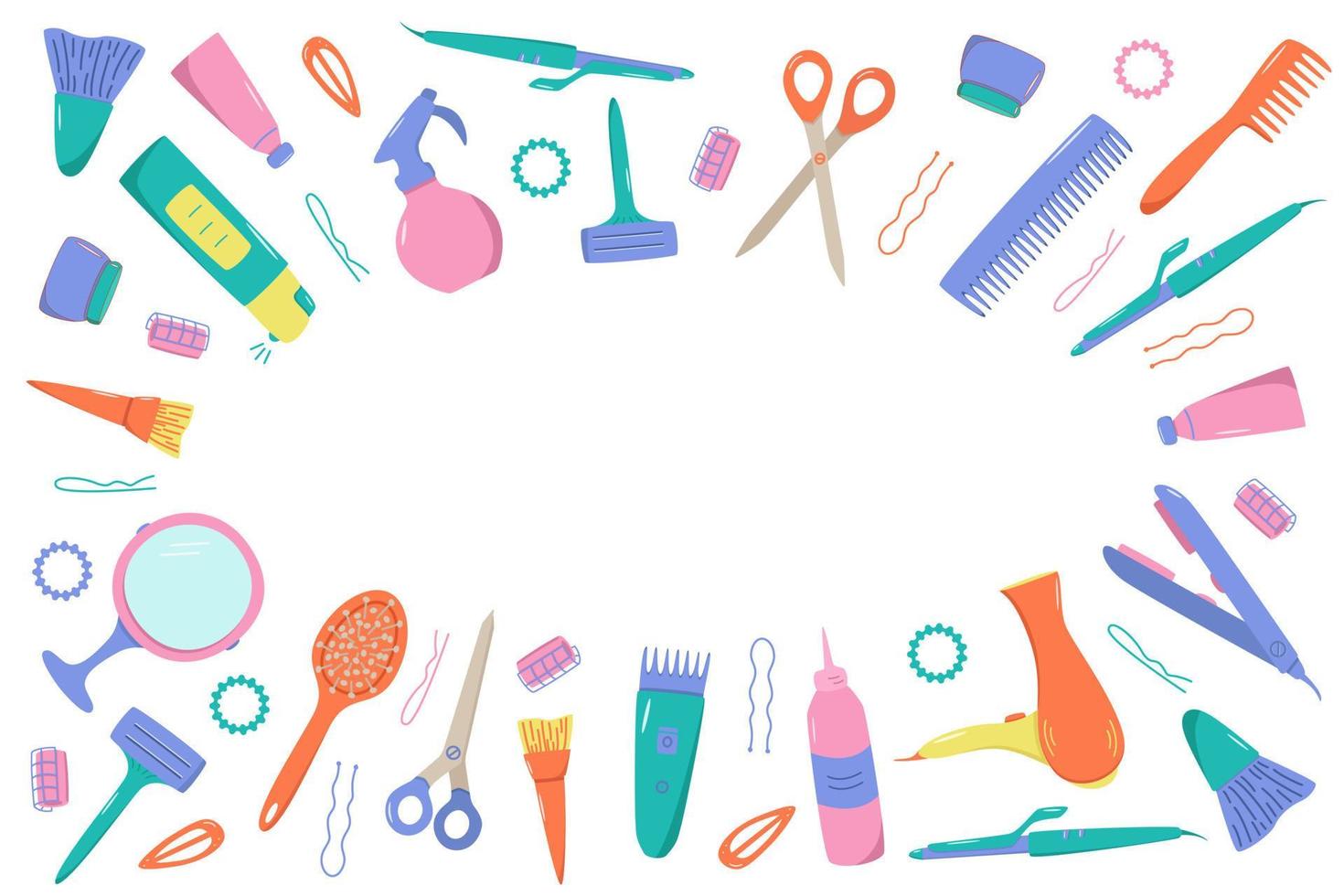 kit de ferramentas de cabeleireiro para salão de beleza ou uso doméstico. ilustração em vetor de ícones de doodle para auto e cuidados com o cabelo. pente, navalha, secador de cabelo, ferro de ondulação e outros itens
