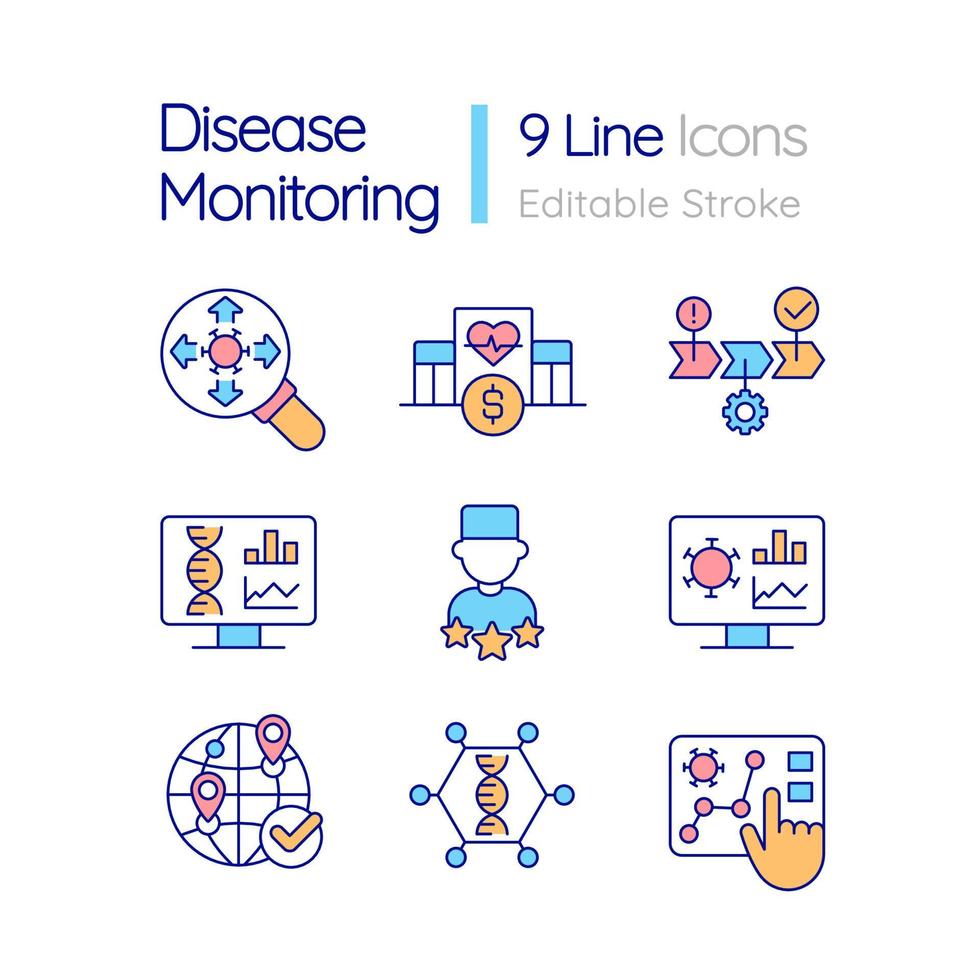conjunto de ícones de cores rgb de monitoramento de doenças vetor