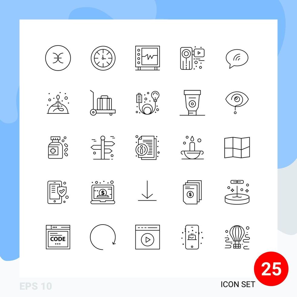 pacote de linha de 25 símbolos universais de elementos de design de vetores editáveis de medicina de filme de vídeo beat