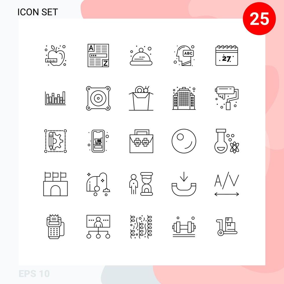 conjunto de linha de interface móvel de 25 pictogramas de elementos de design de vetores editáveis de cabeça de conhecimento de bebê de aprendizagem de calendário