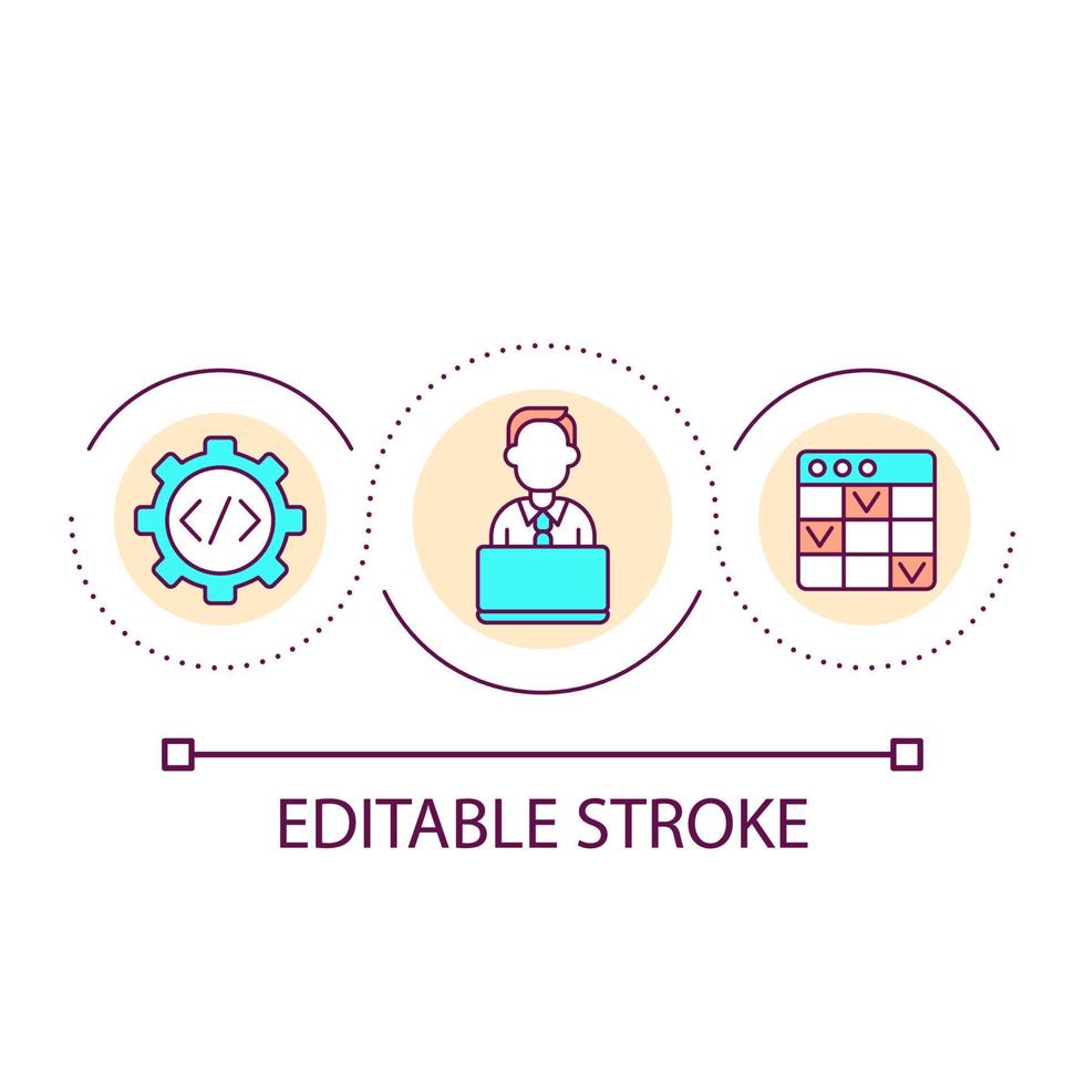 ícone do conceito de loop de trabalho do programador. criação de softwares e aplicativos. ilustração de linha fina de ideia abstrata de processamento de dados digitais. desenho de esboço isolado. curso editável. vetor