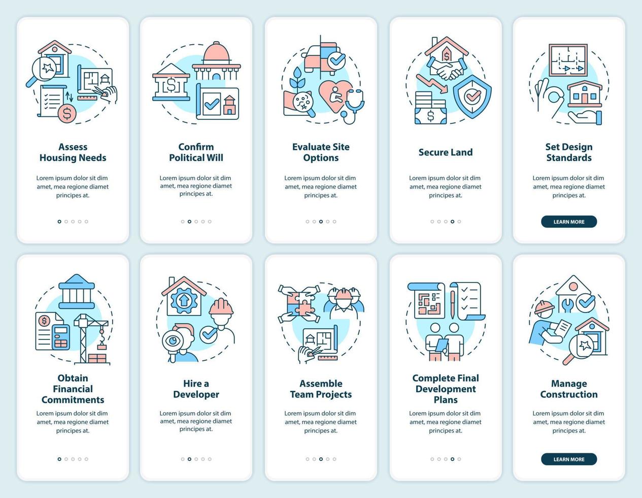 dicas para conjunto de telas de aplicativos móveis de integração de desenvolvimento habitacional. instruções gráficas editáveis passo a passo de 5 etapas com conceitos lineares. modelo ui, ux, gui. vetor