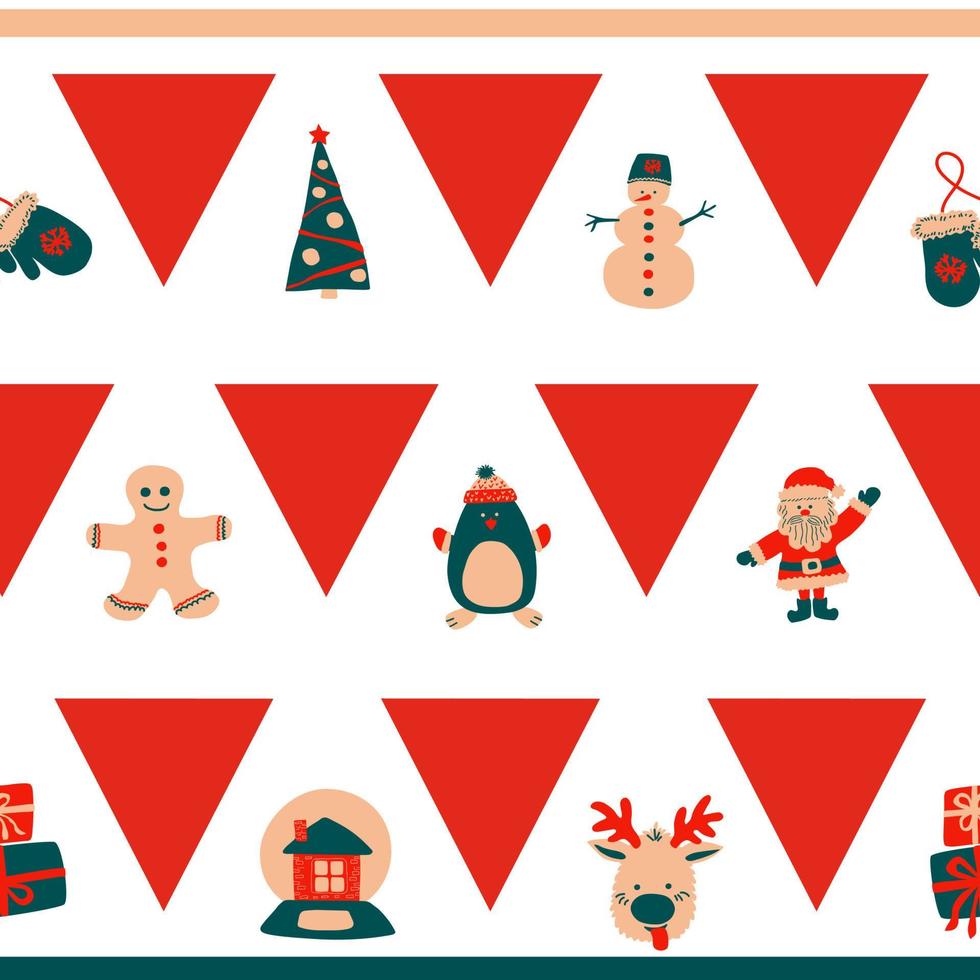 padrão horizontal de borda sem costura de natal de triângulos vermelhos e personagens fofinhos - papai noel, boneco de neve, veado, pinguim, homem de gengibre em um fundo branco no estilo escandinavo tradicional vetor