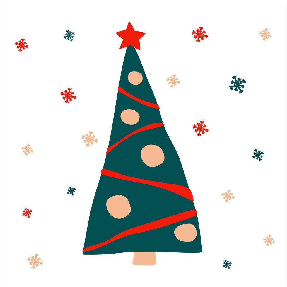 árvore de natal com guirlandas e bolas em um fundo branco com flocos de neve. ilustração vetorial, em estilo escandinavo desenhado à mão, formato quadrado. adequado para um cartão ou banner vetor