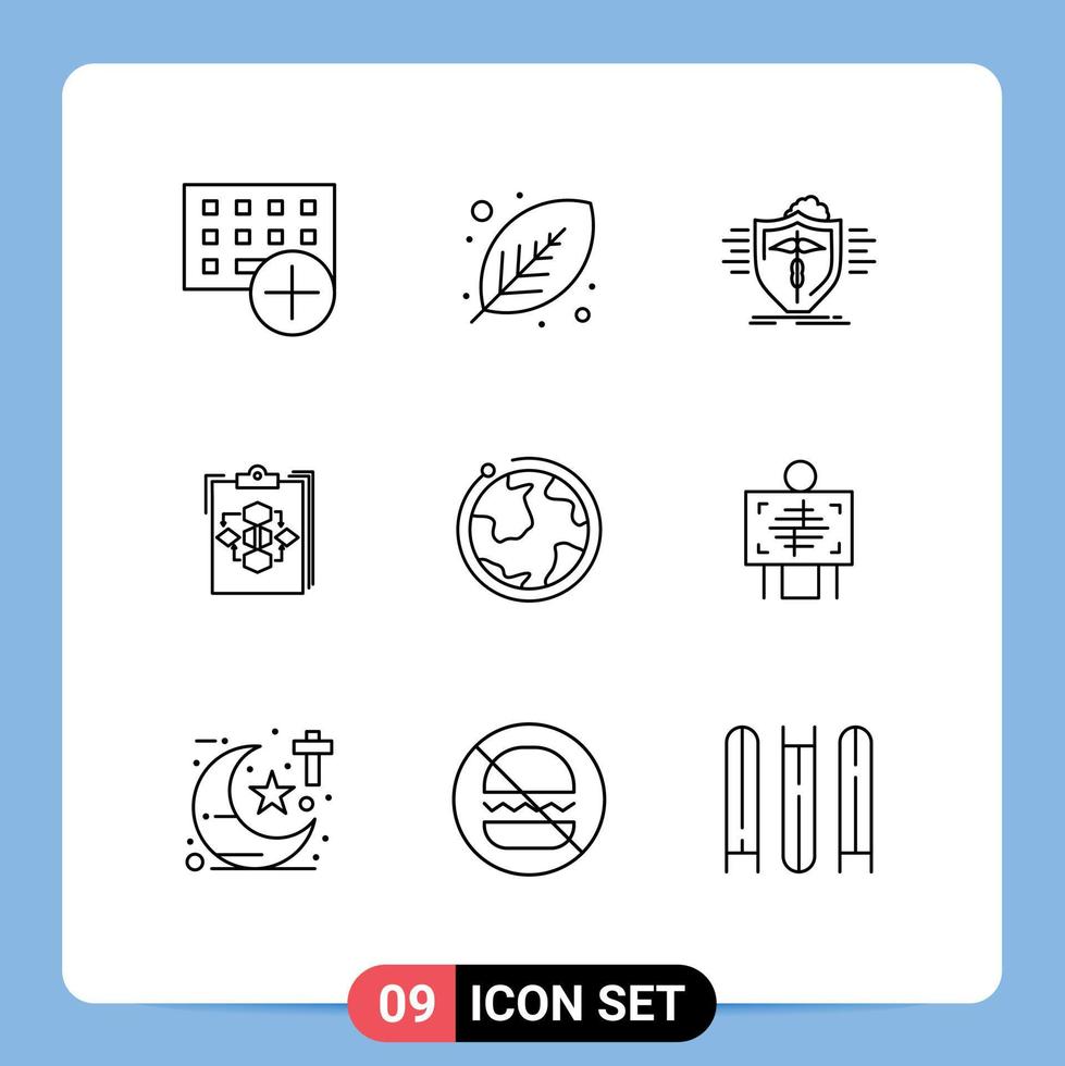 conjunto de pictogramas de 9 contornos simples de elementos de design de vetores editáveis médicos seguros de planta de diagrama