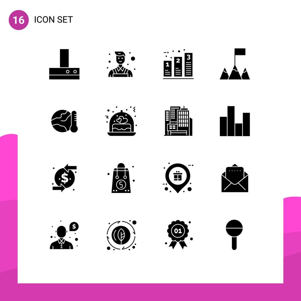 pacote de interface do usuário com 16 glifos sólidos básicos de temperatura, gráfico global, ambiente, montanhas, elementos de design vetorial editáveis vetor