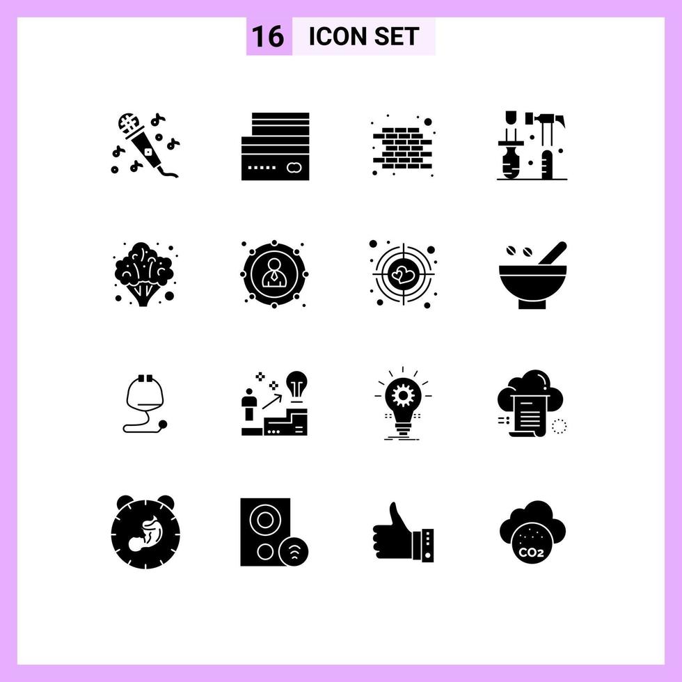 conjunto de 16 símbolos de símbolos de ícones de interface do usuário modernos para ferramentas de tijolo de brócolis saudáveis martelo elementos de design de vetores editáveis