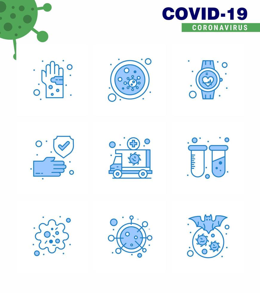 proteção covid19 coronavírus pendâmico 9 conjunto de ícones azuis, como germes de relógio inteligente de mão, pulso de saúde, vírus viral, elementos de design de vetor de doença de 2019nov