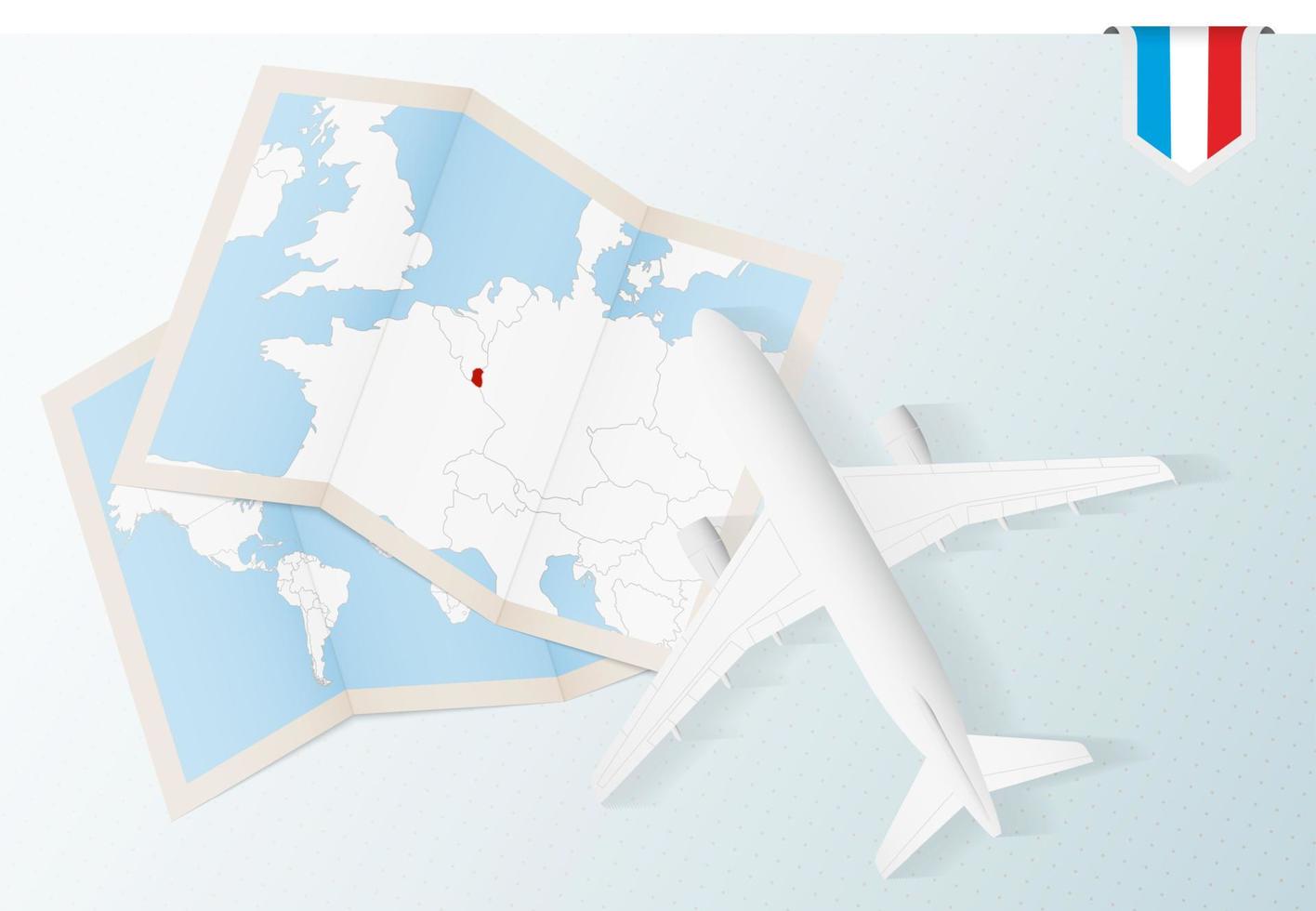 viajar para o luxemburgo, avião de vista superior com mapa e bandeira do luxemburgo. vetor