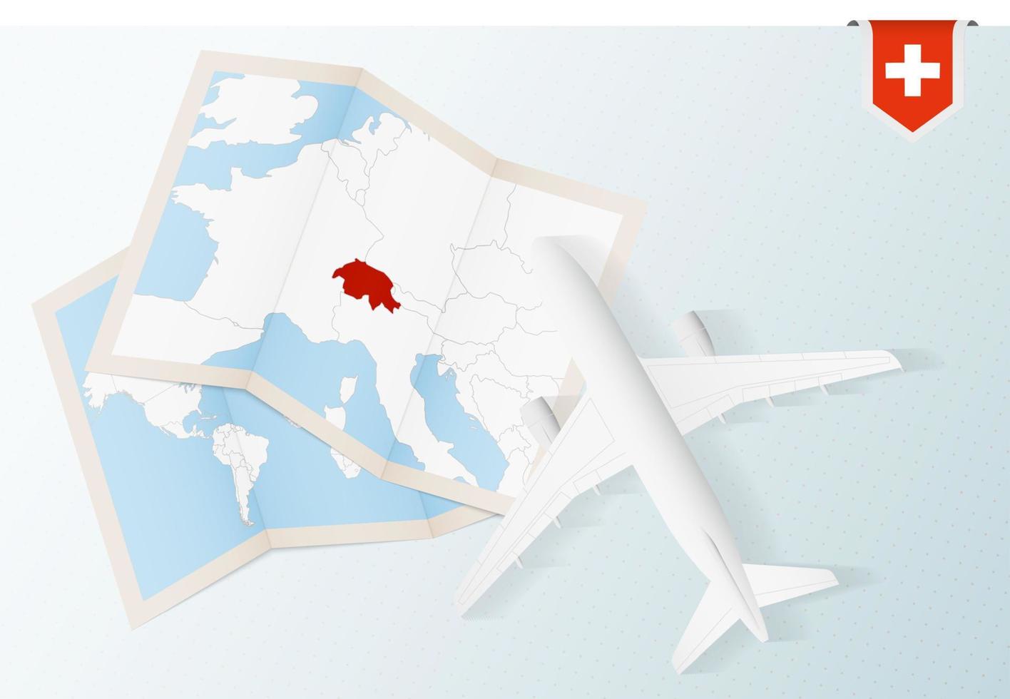 viajar para a suíça, avião de vista superior com mapa e bandeira da suíça. vetor