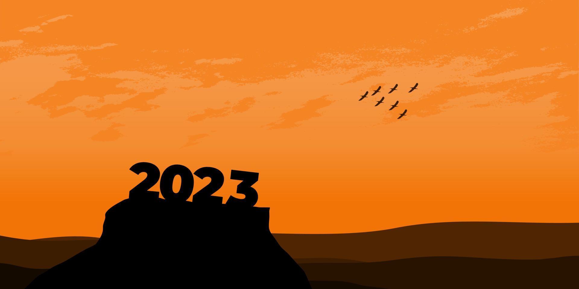 feliz ano novo 2023 com grandes letras de silhueta na montanha com um belo pôr do sol para o conceito de sucesso. conceito de ano novo vetor