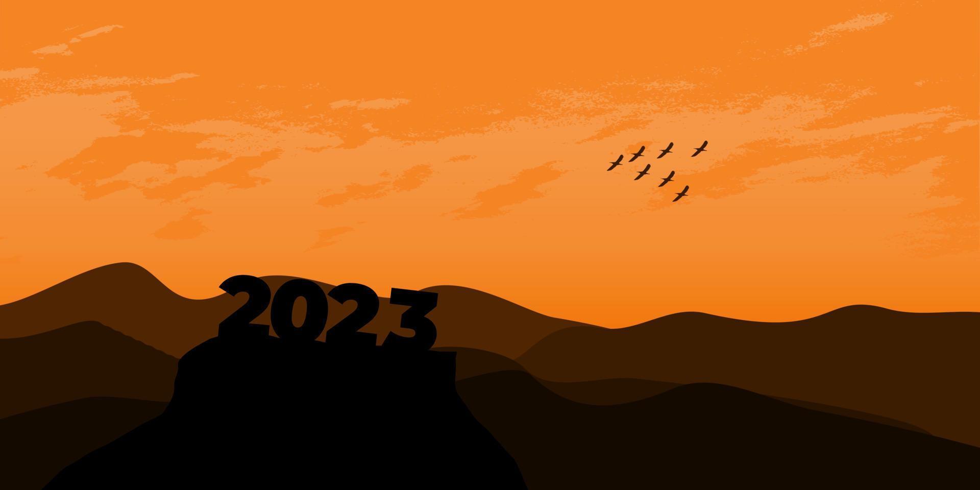 feliz ano novo 2023 com grandes letras de silhueta na montanha com um belo pôr do sol para o conceito de sucesso. conceito de ano novo vetor