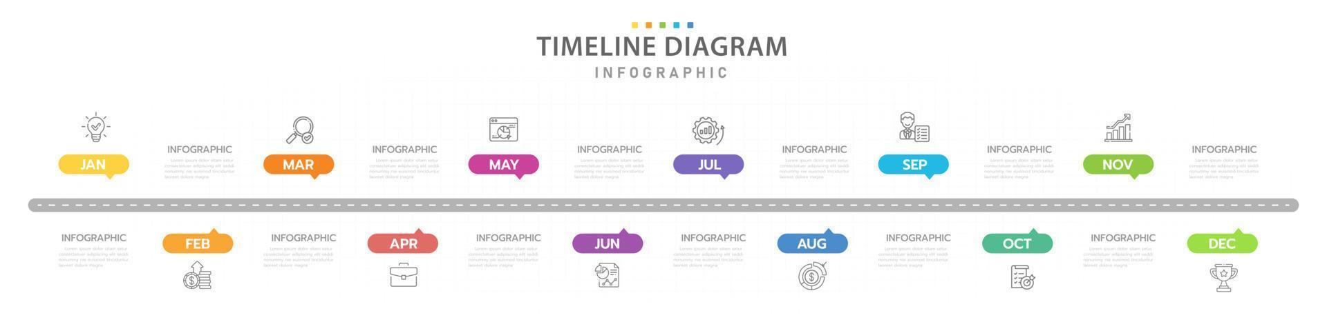 modelo de infográfico para negócios. Calendário de diagrama de linha do tempo moderno de 12 meses com ícone e tópicos, infográfico de vetor de apresentação.