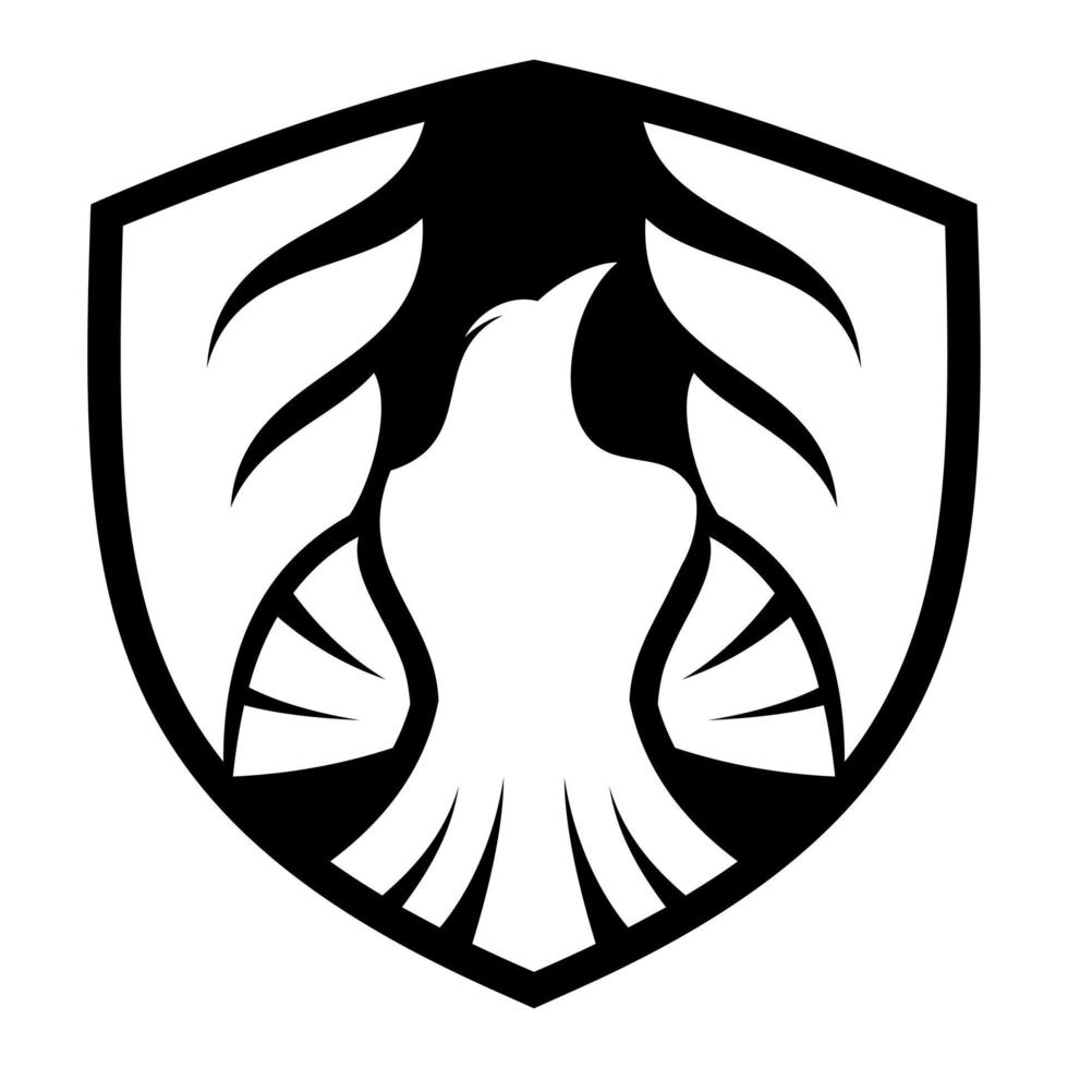 logotipo de pássaro azul de silhueta simples com asas abertas dentro do escudo vetor