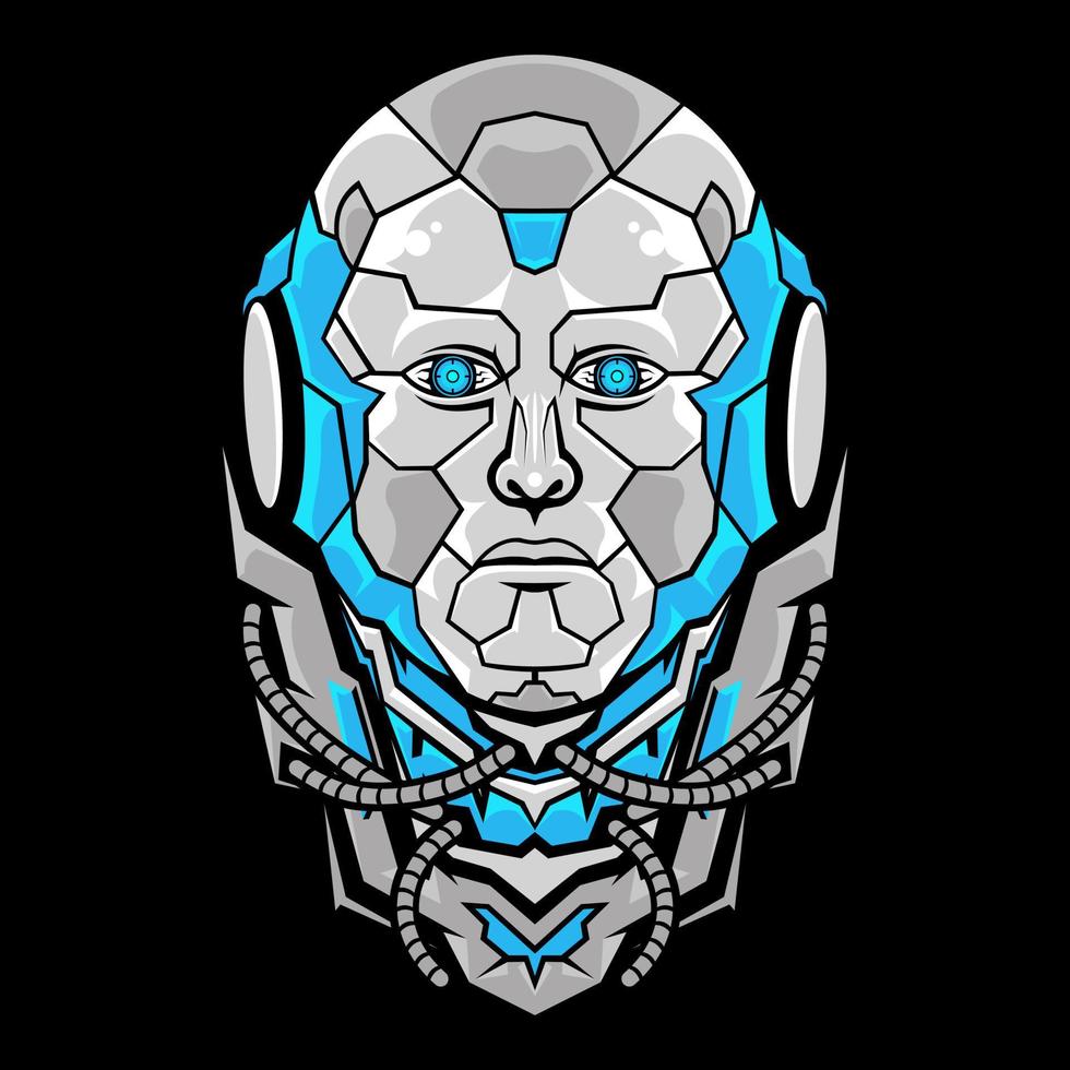 cabeça de robô semelhante a um ser humano com olhos de câmera azuis nítidos com fios em volta do pescoço vetor