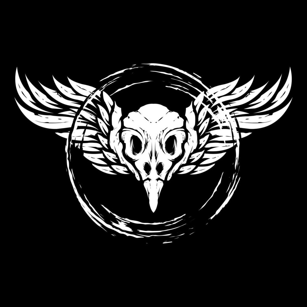 crânio de cabeça de pássaro preto e branco com asas dentro do design de logotipo de ilustração abstrata de círculo vetor