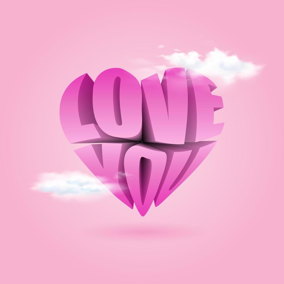 texto te amo. Letras rosa realistas de estilo 3d com forma de coração e decoração de nuvem vetor