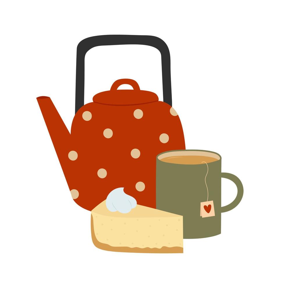 bule de chá vermelho, xícara e cheesecake. utensílio de cozinha para chá ou café. design de estilo doodle desenhado à mão. vetor