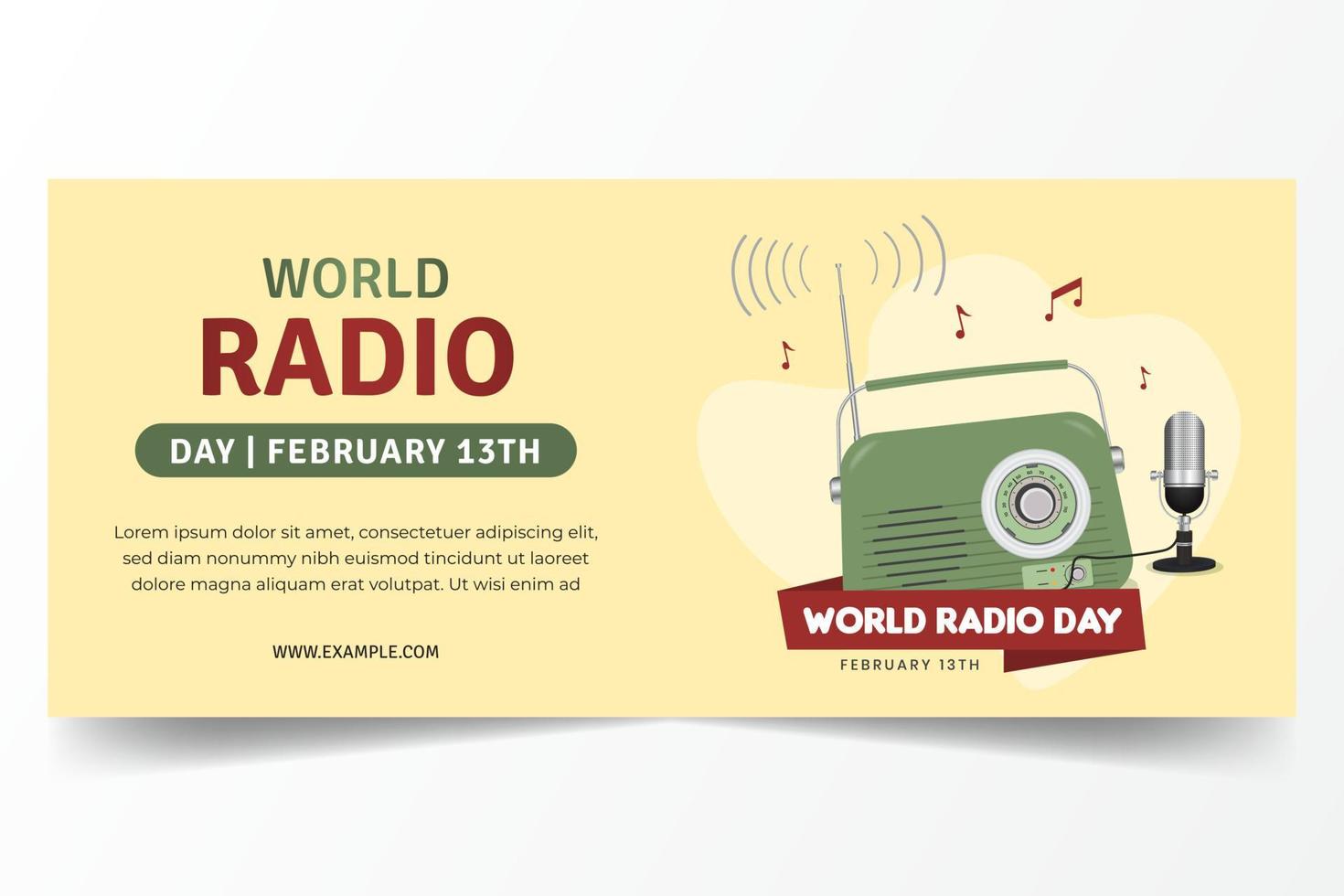 feliz dia mundial do rádio, 13 de fevereiro, design de banner horizontal com ilustração vintage de rádio e microfone vetor