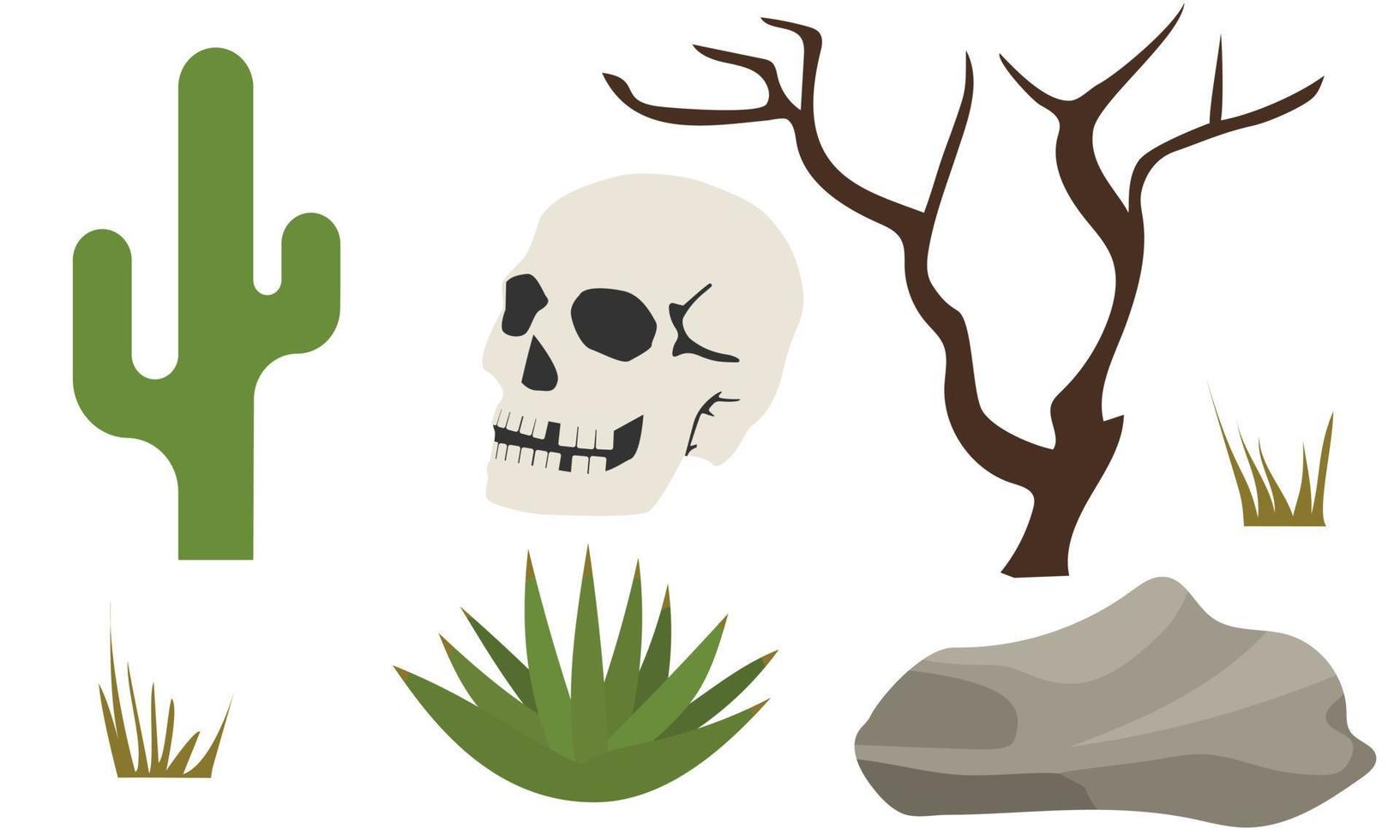 conjunto de elementos sobre deserto e mortos. crânio de humano, cacto, velha árvore, pedra, aloe vera. ilustração vetorial. vetor