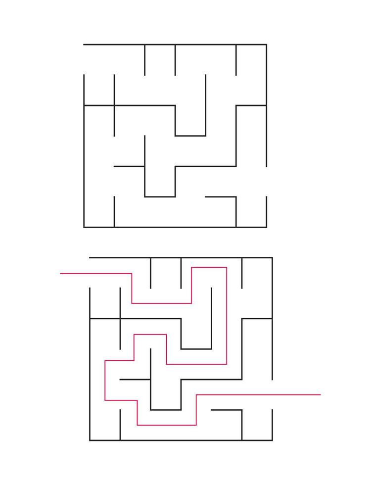 o labirinto quadrado tem uma entrada e uma saída. labirinto com a resposta, o caminho de passagem vetor