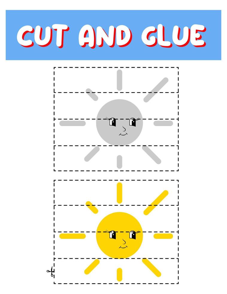 corte e cole sol. jogo educacional para crianças, planilha para impressão. quebra-cabeças com sol vetor