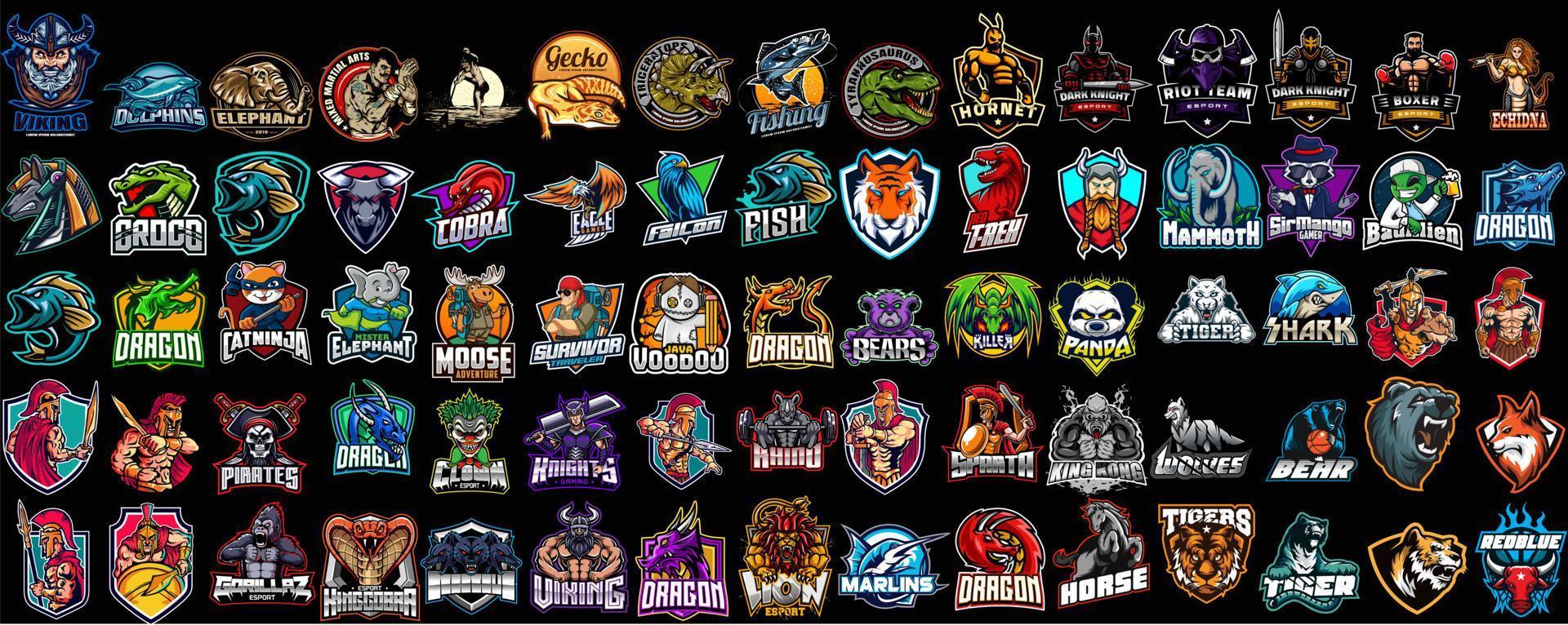 enorme conjunto de logotipos esportivos coloridos, emblemas. logotipos de cavaleiros, cavalos, dragão, tubarão, cobra, viking, beisebol, urso, águia, cowboy, ilustração de tiger.vector isolada no fundo vetor