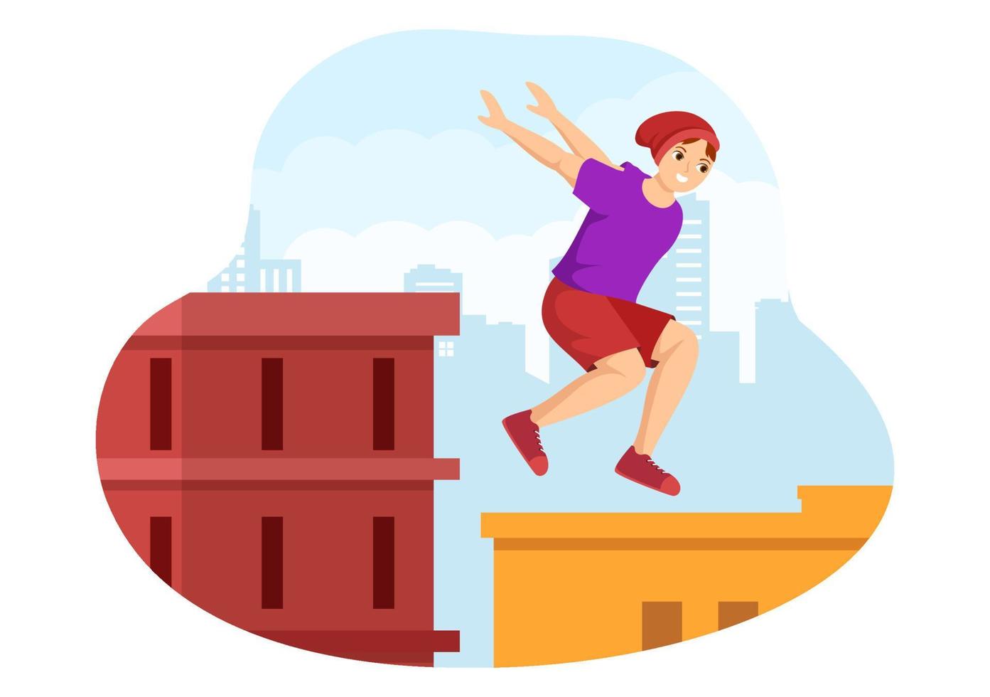 esportes de parkour com homens jovens pulando paredes e barreiras nas ruas da cidade e edifícios em ilustração de modelo desenhado à mão plana dos desenhos animados vetor