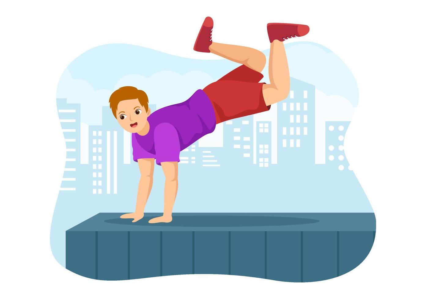 esportes de parkour com homens jovens pulando paredes e barreiras nas ruas da cidade e edifícios em ilustração de modelo desenhado à mão plana dos desenhos animados vetor