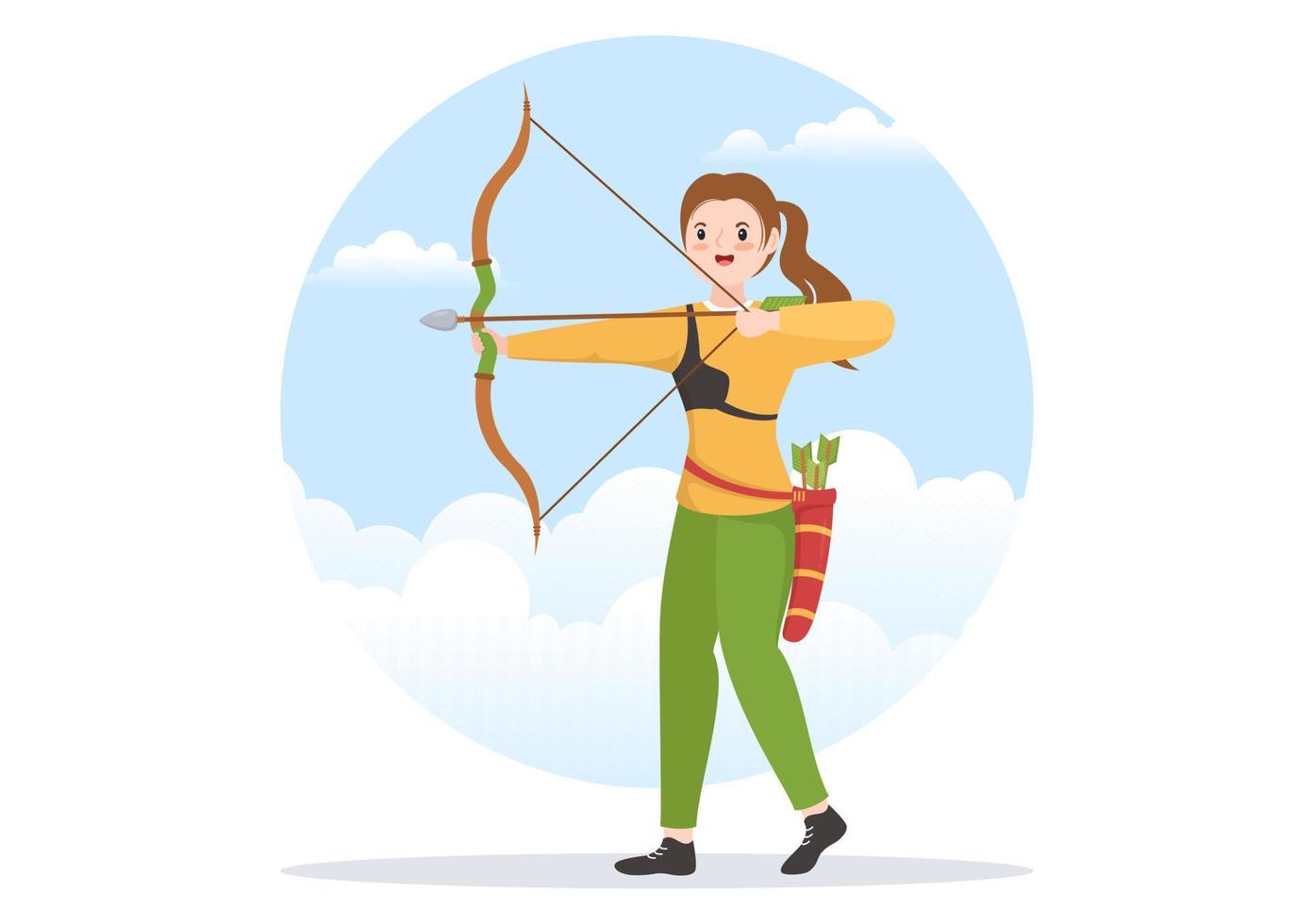 esporte de arco e flecha com arco e flecha apontando para o alvo para atividade recreativa ao ar livre em ilustração de modelo desenhado à mão plana dos desenhos animados vetor
